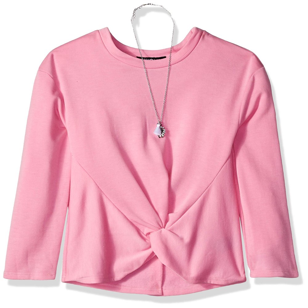 Amy Byer Big Girl's Twist Front Long Sleeve Knit Shirt with Necklace Shirt, Begonia, S