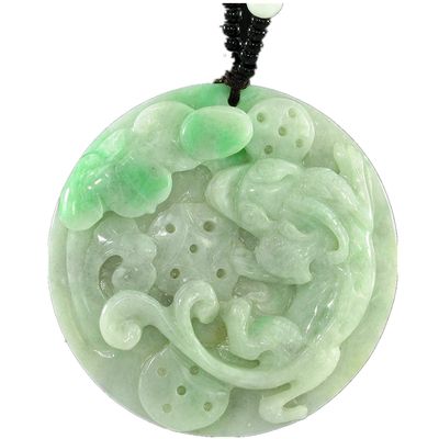 2.2" China Certified Grade A Nature Hisui Jadeite Jade Fortune Pixiu and Lotus Fine Carvd Necklace Pendants