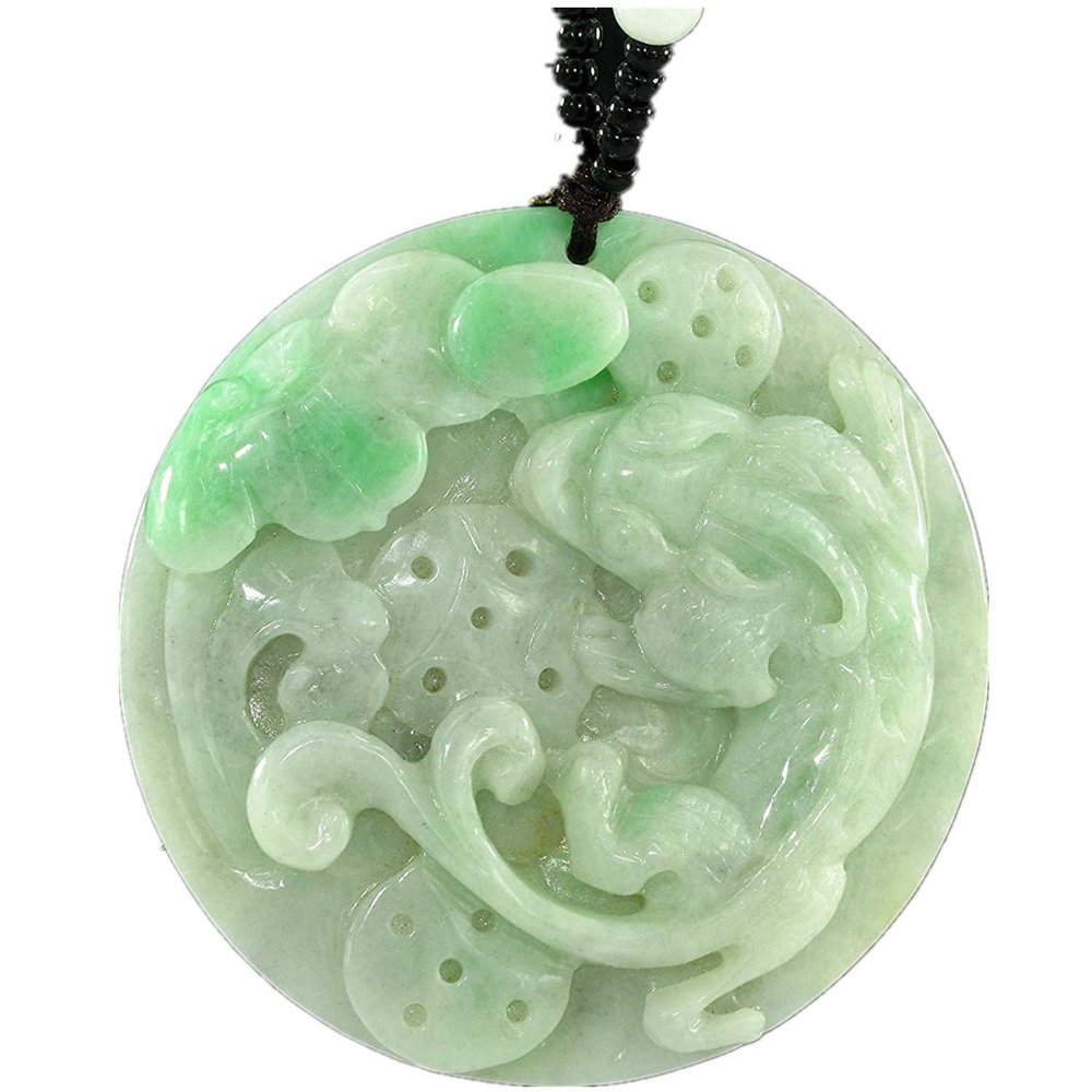 2.2" China Certified Grade A Nature Hisui Jadeite Jade Fortune Pixiu and Lotus Fine Carvd Necklace Pendants