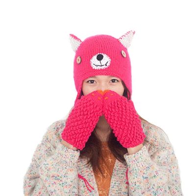 BIBITIME Knitted Animal Ears Wolf Hat and Gloves Women Cosplay Beanie Warm Cap (Rose, Head Circumference 24"-25")