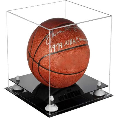 Better Display Cases Basketball Holder Clear Full Size Acrylic Display Case with White Risers ,Black Two Tiered Base ,Clear case 11" L x 11" W x 11" H (A001-WR)