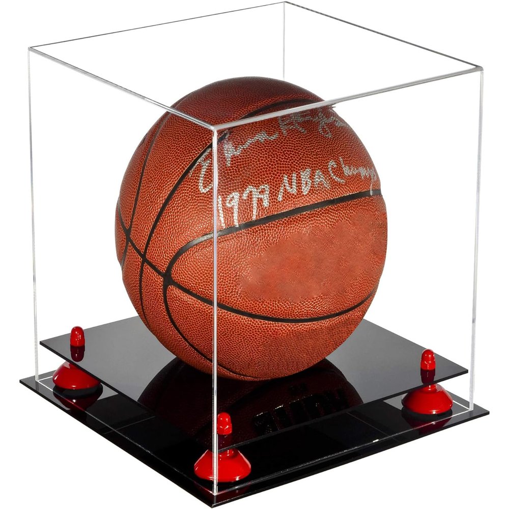 Better Display Cases Basketball Holder Clear Full Size Acrylic Display Case with Red Risers ,Clear case, Black Two Tiered Base 11" L x 11" W x 11" H (A001-RR)