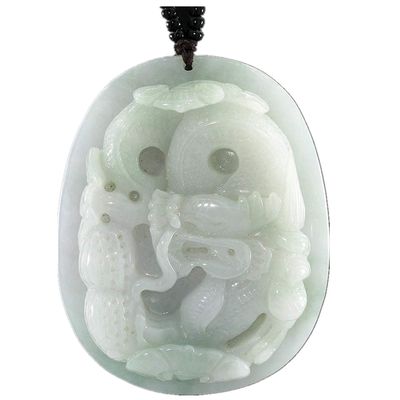 2.3" China Certified Grade A Nature Hisui Jadeite Jade Happy Life Dragon and Peanut Fine Carvd Necklace Pendants