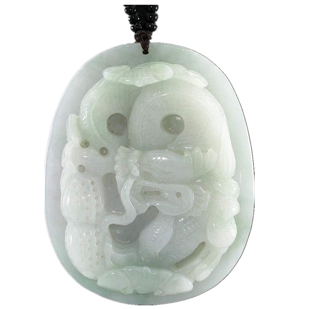 2.3" China Certified Grade A Nature Hisui Jadeite Jade Happy Life Dragon and Peanut Fine Carvd Necklace Pendants