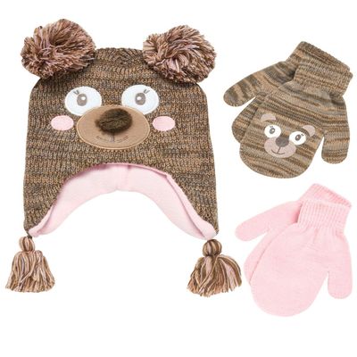 ABG Accessories Girls Critter Winter Hat and 2 Pair Gloves or Mittens (Toddler/Little Girls), Size Age 2-4, Bear 2-4