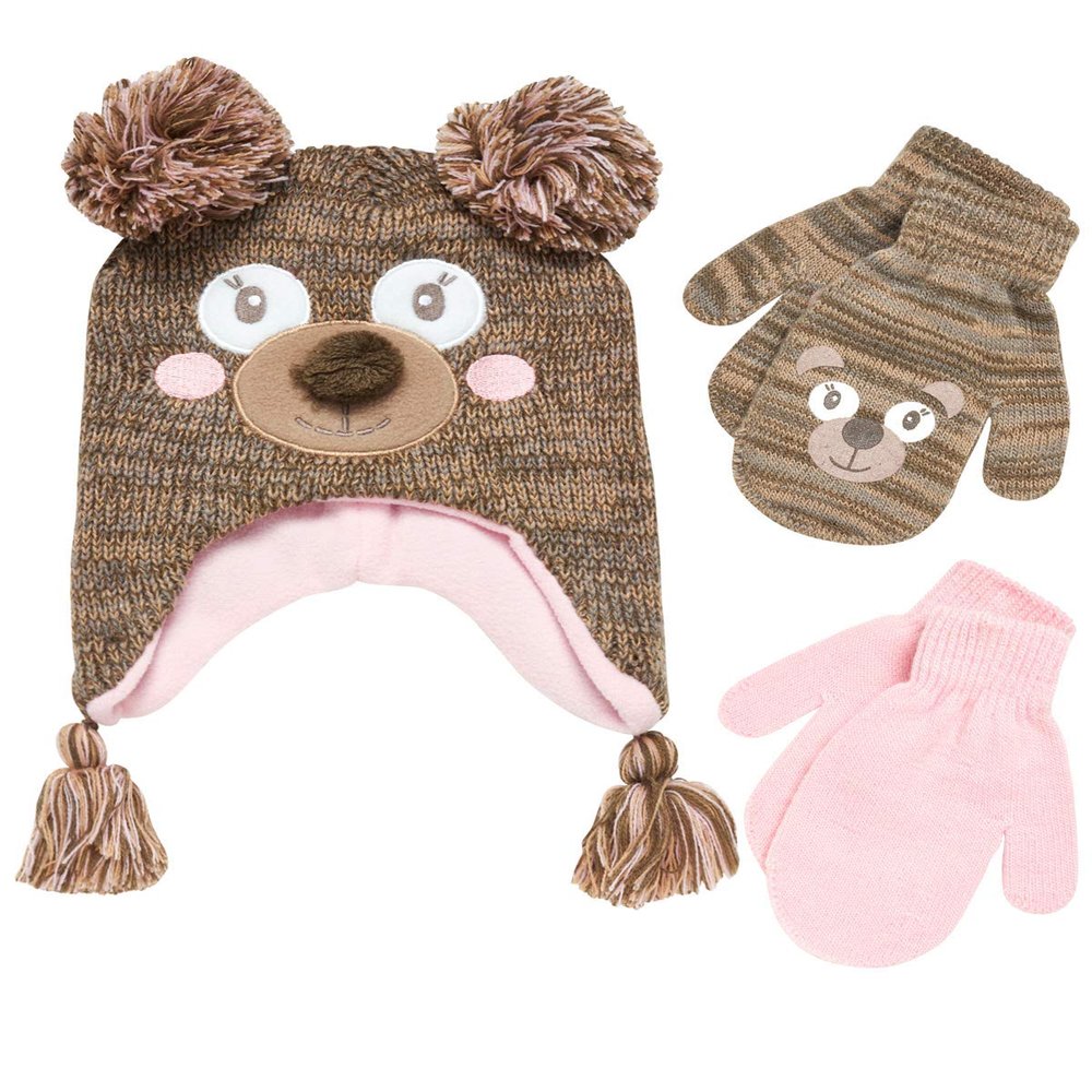 ABG Accessories Girls Critter Winter Hat and 2 Pair Gloves or Mittens (Toddler/Little Girls), Size Age 2-4, Bear 2-4