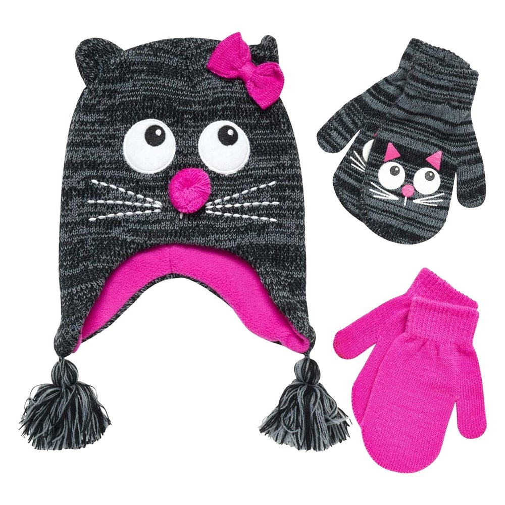 ABG Accessories Girls Critter Winter Hat and 2 Pair Gloves or Mittens (Toddler/Little Girls), Size Age 2-4, Cat 2-4