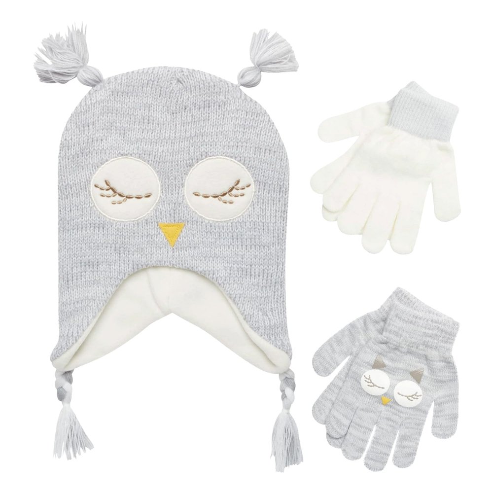 ABG Accessories Girls Critter Winter Hat and 2 Pair Gloves or Mittens (Toddler/Little Girls), Size Age 4-7, Owl Gloves 4-7