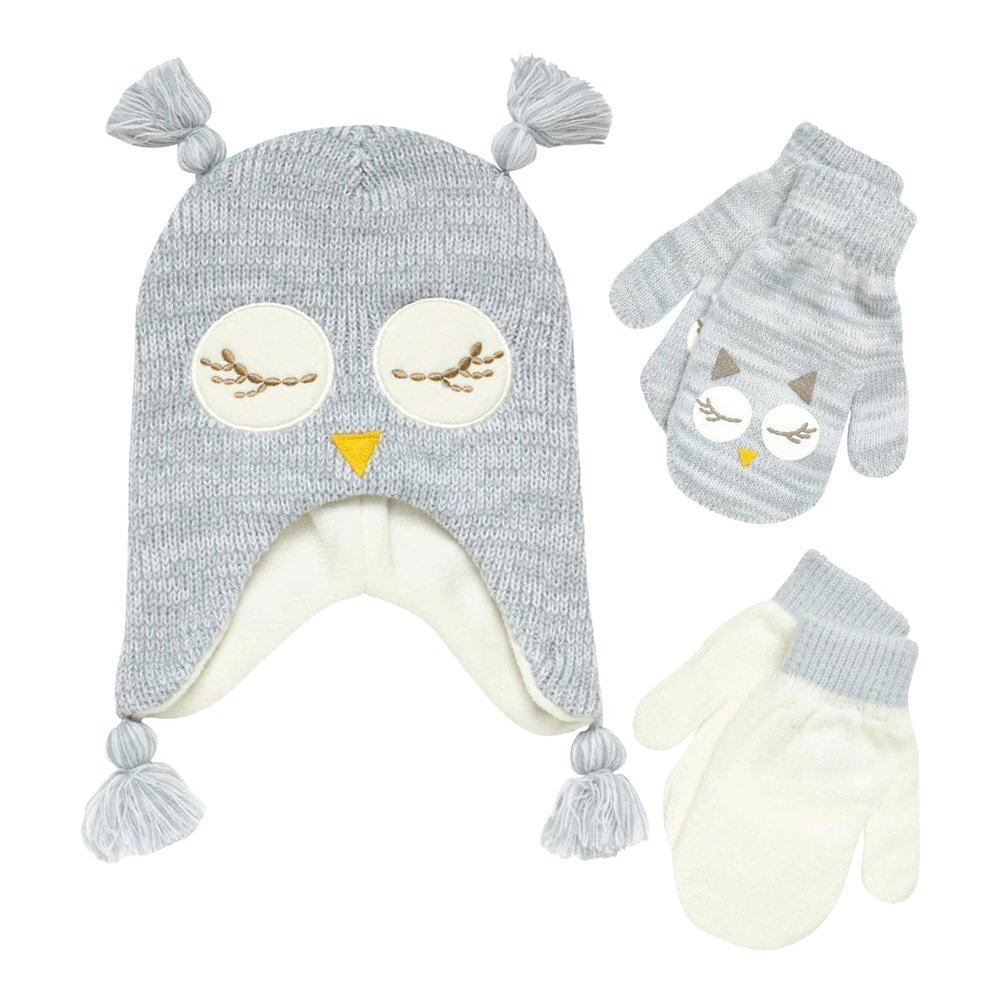 ABG Accessories Girls Critter Winter Hat and 2 Pair Gloves or Mittens (Toddler/Little Girls), Size Age 2-4, Owl Mittens 2-4