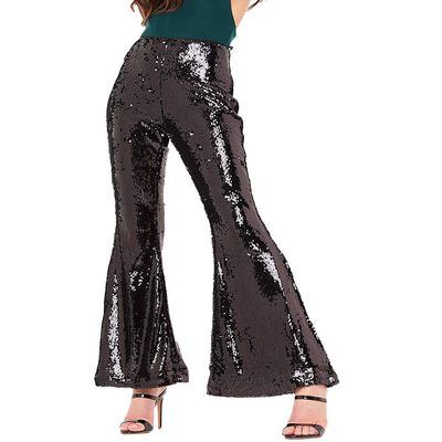 CHICFOR Womens Bell Bottom Flared Pants Glitter Sequin Wide Leg Flared Pant (L, Black)