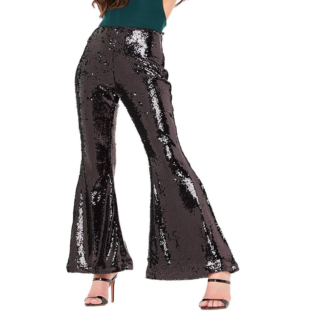 CHICFOR Womens Bell Bottom Flared Pants Glitter Sequin Wide Leg Flared Pant (L, Black)