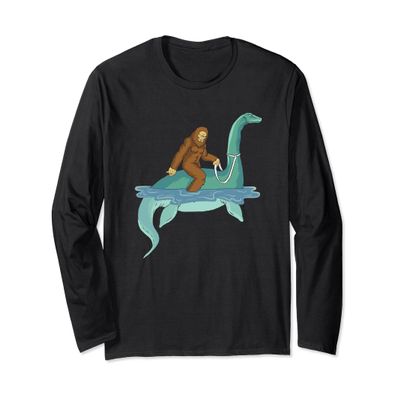 Bigfoot Riding Nessie T-Shirt Sasquatch Loch Ness Monster LS