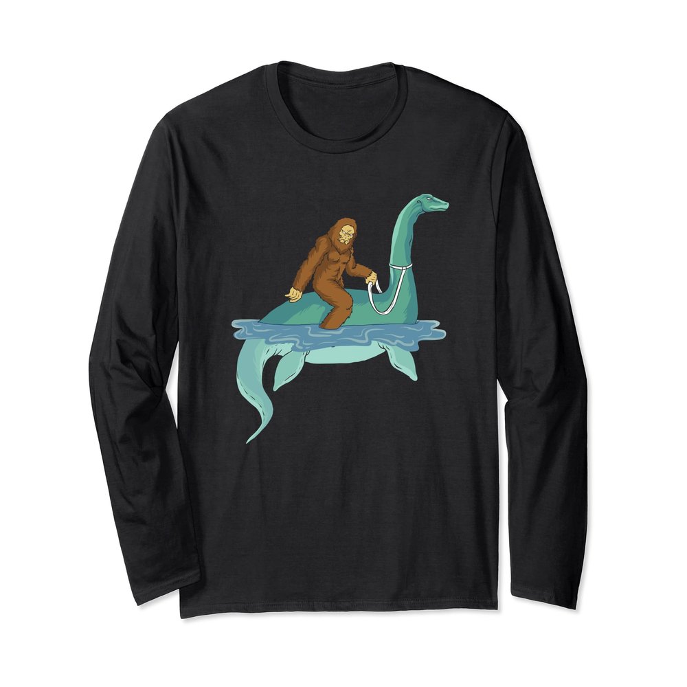 Bigfoot Riding Nessie T-Shirt Sasquatch Loch Ness Monster LS