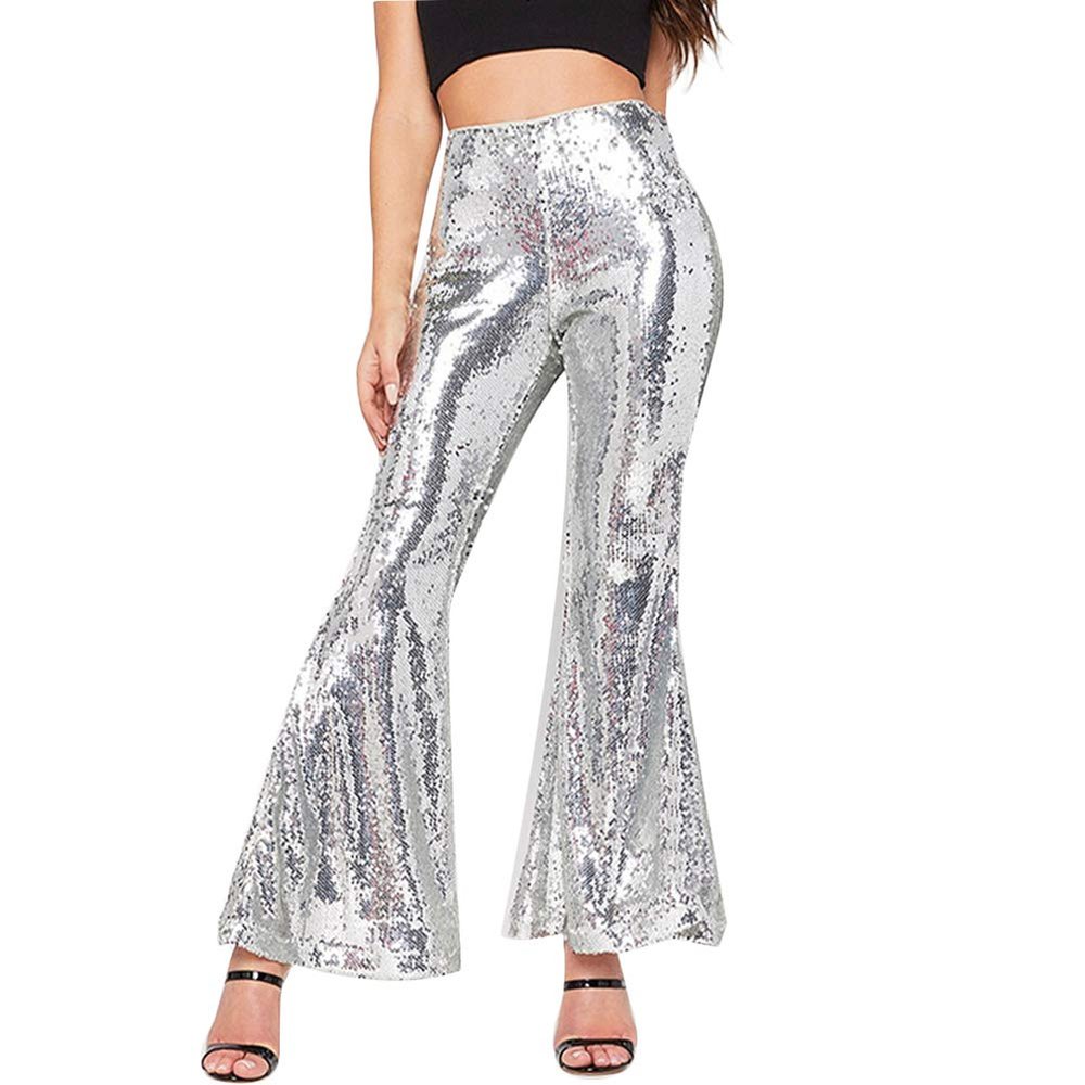 CHICFOR Womens Bell Bottom Flared Pants Glitter Sequin Wide Leg Flared Pant (S, Silver)
