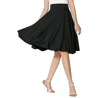 NREALY New Women's Solid Flared Retro Casual Knee Length Pleated Midi Office Work Skirt(XL, Black)