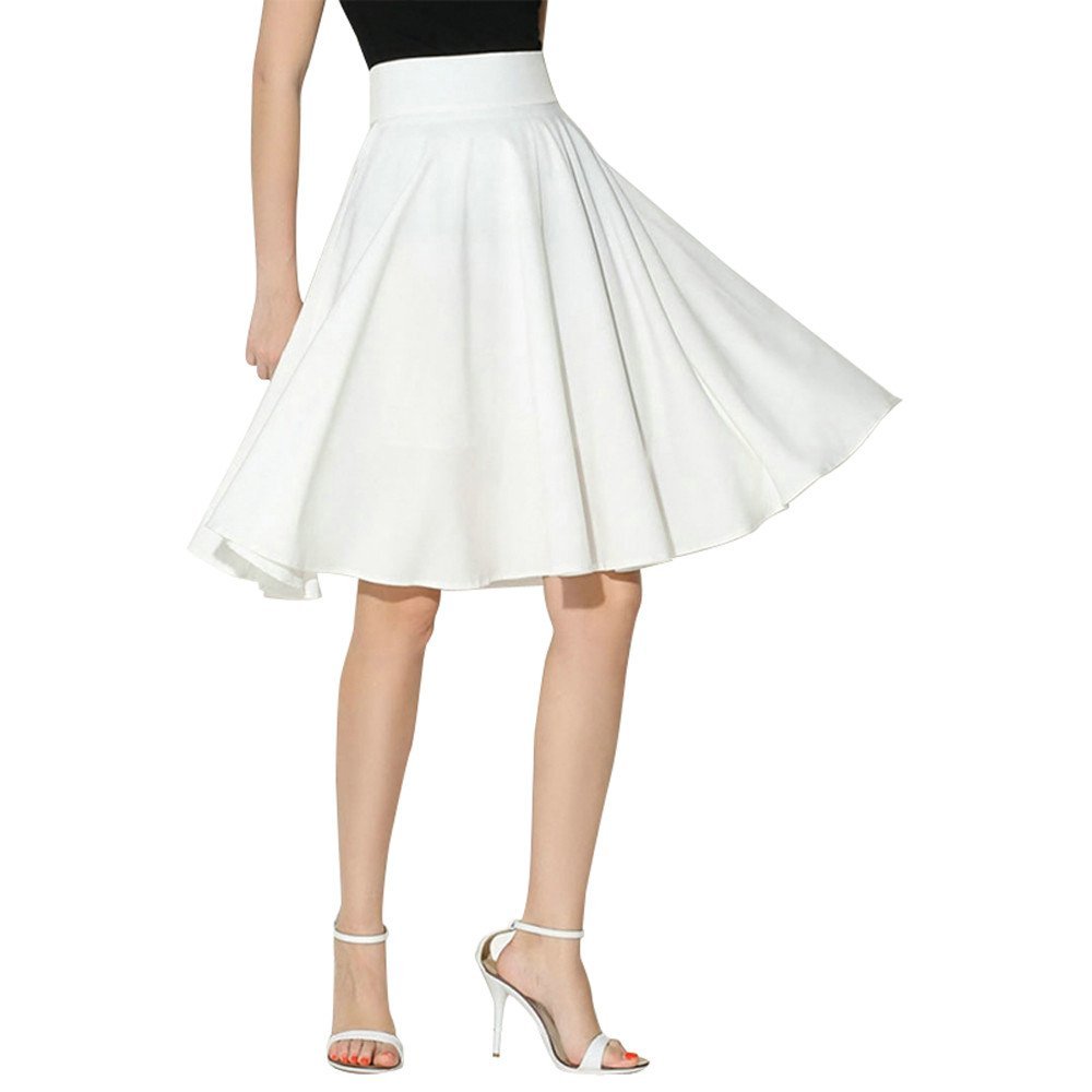 NREALY New Women's Solid Flared Retro Casual Knee Length Pleated Midi Office Work Skirt(L, White)