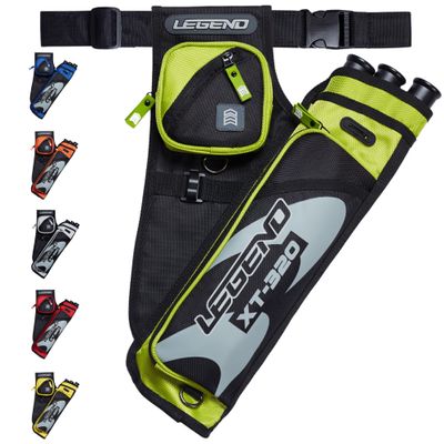Legend XT320 Archery Quivers - Right Handed Nylon Hip Quivers with 3 Arrow Tube Cases for Target Shooting - Adjustable Waist Belt, T-Slot, Compartments for Accessories, Tools, Release Tab - Green