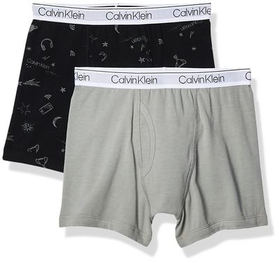 Calvin Klein Kids Boys' Modern Cotton Boxer Brief Underwear 2-Pack, Ck Statement Print Black/Neutral Gray, Small