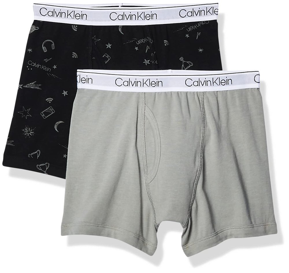 Calvin Klein Kids Boys' Modern Cotton Boxer Brief Underwear 2-Pack, Ck Statement Print Black/Neutral Gray, Small