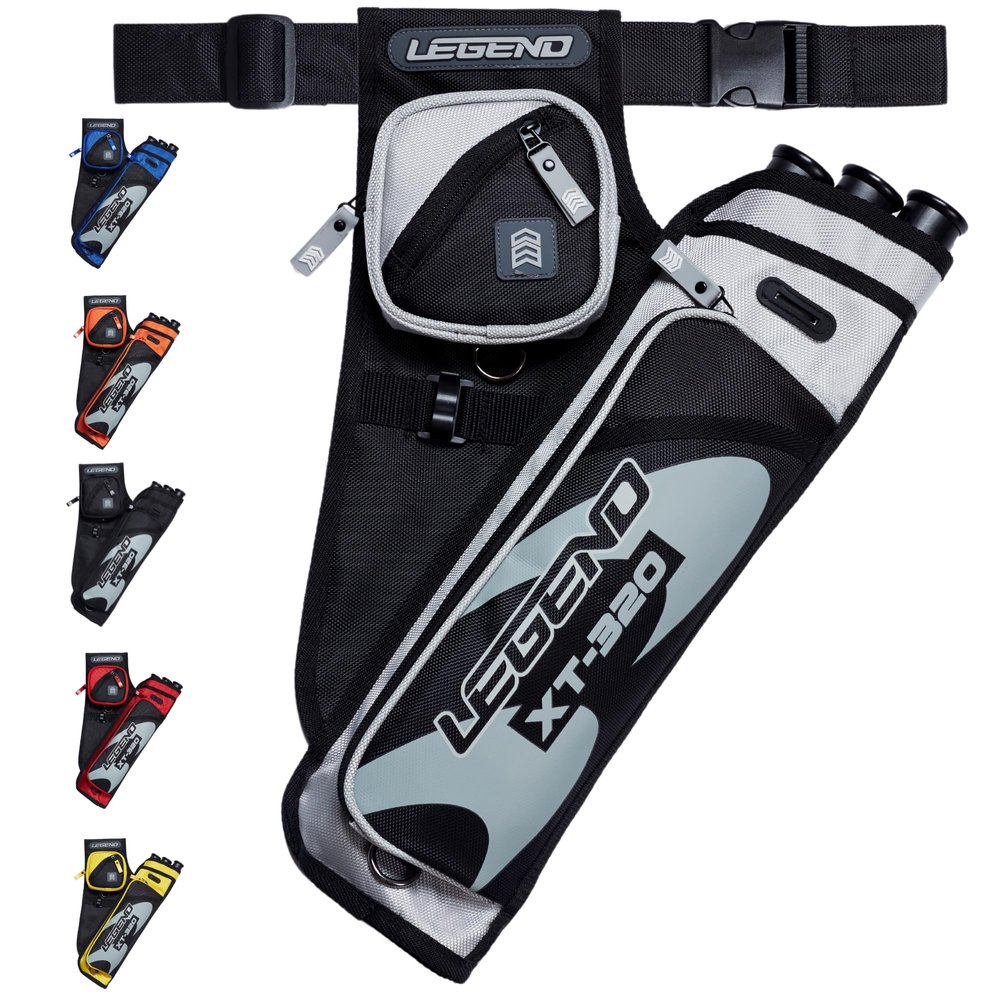 Legend XT320 Archery Quivers - Right Handed Nylon Hip Quivers with 3 Arrow Tube Cases for Target Shooting - Adjustable Waist Belt, T-Slot, Compartments for Accessories, Tools, Release Tab - Grey