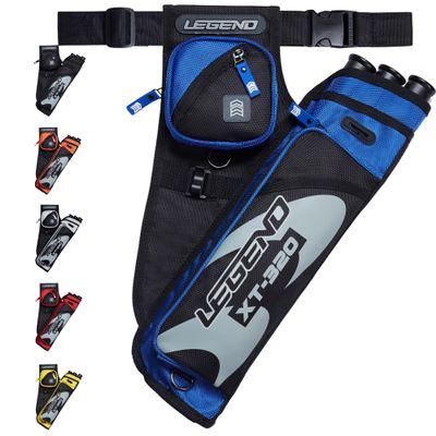 Legend XT320 Archery Quivers - Right Handed Nylon Hip Quivers with 3 Arrow Tube Cases for Target Shooting - Adjustable Waist Belt, T-Slot, Compartments for Accessories, Tools, Release Tab - Blue