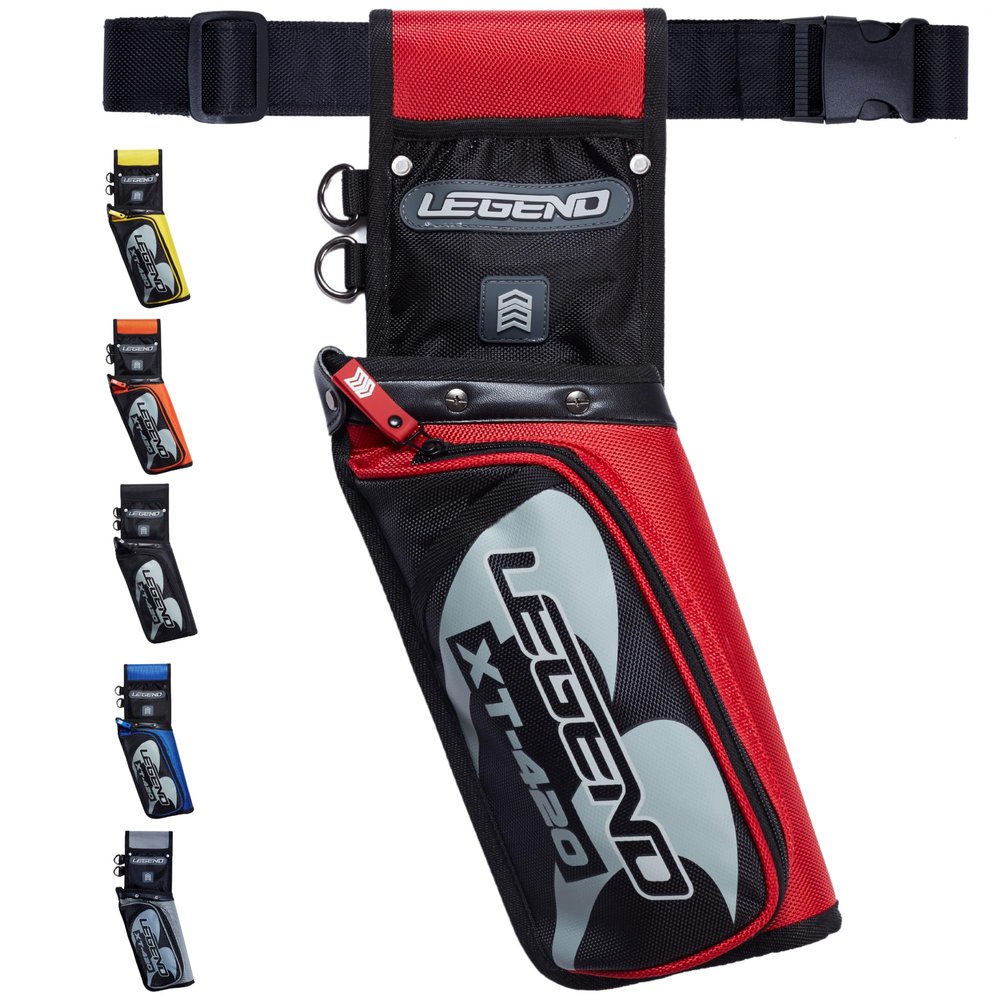 Legend XT420 Arrow Quiver - Quiver Arrow Holder, Archery Quiver with 3 Arrow Tube, Durable Nylon Hip Quivers with Multiple Pockets for Archery Accessories, Score Card & Tools - Right-Handed, Red