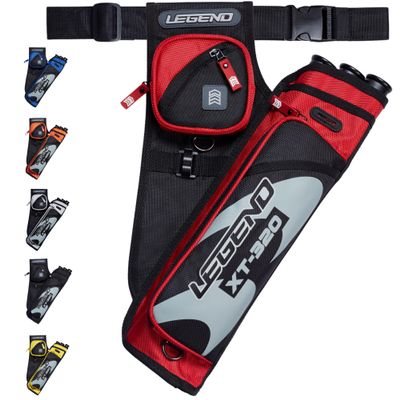 Legend XT320 Archery Quivers - Right Handed Nylon Hip Quivers with 3 Arrow Tube Cases for Target Shooting - Adjustable Waist Belt, T-Slot, Compartments for Accessories, Tools, Release Tab - Red