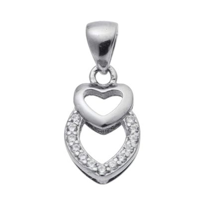 Rhodium On 925 Sterling Silver Double Love Heart CZ Pinch In Bail Pendant Connector