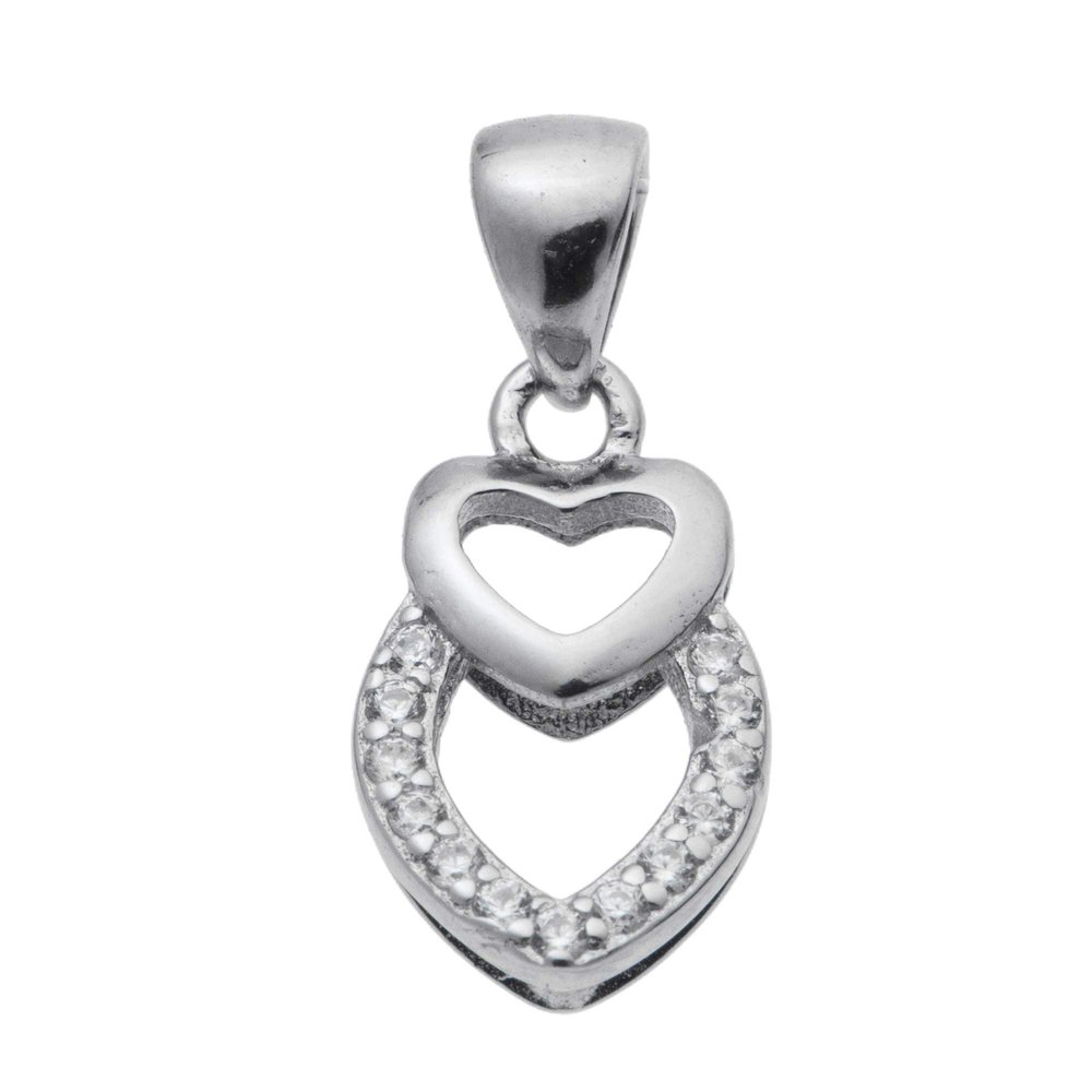 Rhodium On 925 Sterling Silver Double Love Heart CZ Pinch In Bail Pendant Connector