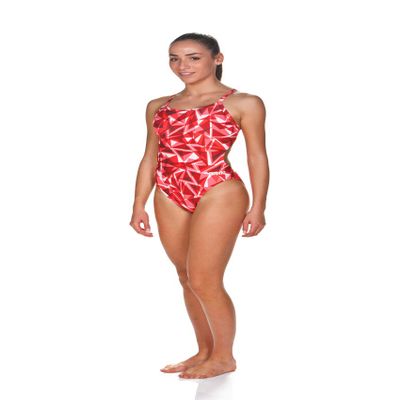 ARENA Women's Shattered Glass Challenge Back MaxLife One Piece Athletic Training Swimsuit, Fluorescent Red, 24