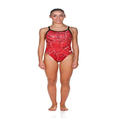 ARENA One Piece Swimsuit Women Athletic Apparel - Open Back Swimming & Training Suit - Challenge Back, Red, 24
