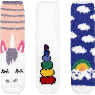 BambooMN Women's Super Soft Warm Microfiber Fuzzy Cozy Unicorn Socks, 3 Pairs Asst C