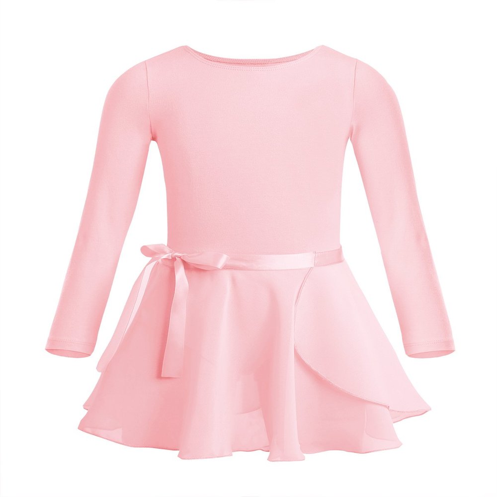 ACSUSS Kids Girls Team Basic Ballet Tutu Dress Dancewear Cotton Long Sleeve Leotard with Chiffon Wrap Skirt Pearl Pink 12-14
