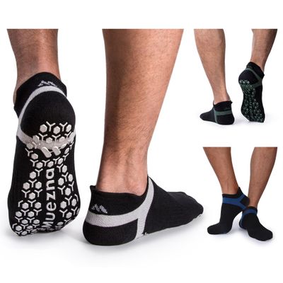 Muezna Men's Non-Slip Yoga Socks, Anti-Skid Pilates, Barre, Bikram Fitness Socks with Grips, Black+grey/Black+navy+green, 9-11