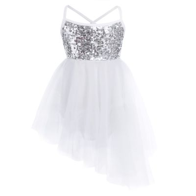 ACSUSS Kids Girls Ballet Dance Dress Lyrical Sleeveless Sequins Splice Tulle Gymnastic Leotard Dancewear Asymmetric Ivory 7-8