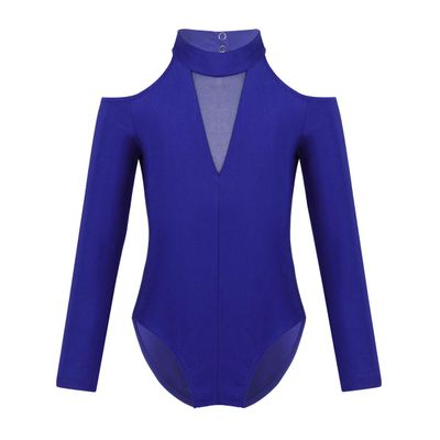 Agoky Kids Girls Off-shoulder Long Sleeves Mock Neck Gymnastics Ballet Leotard Dancewear Blue 4-5