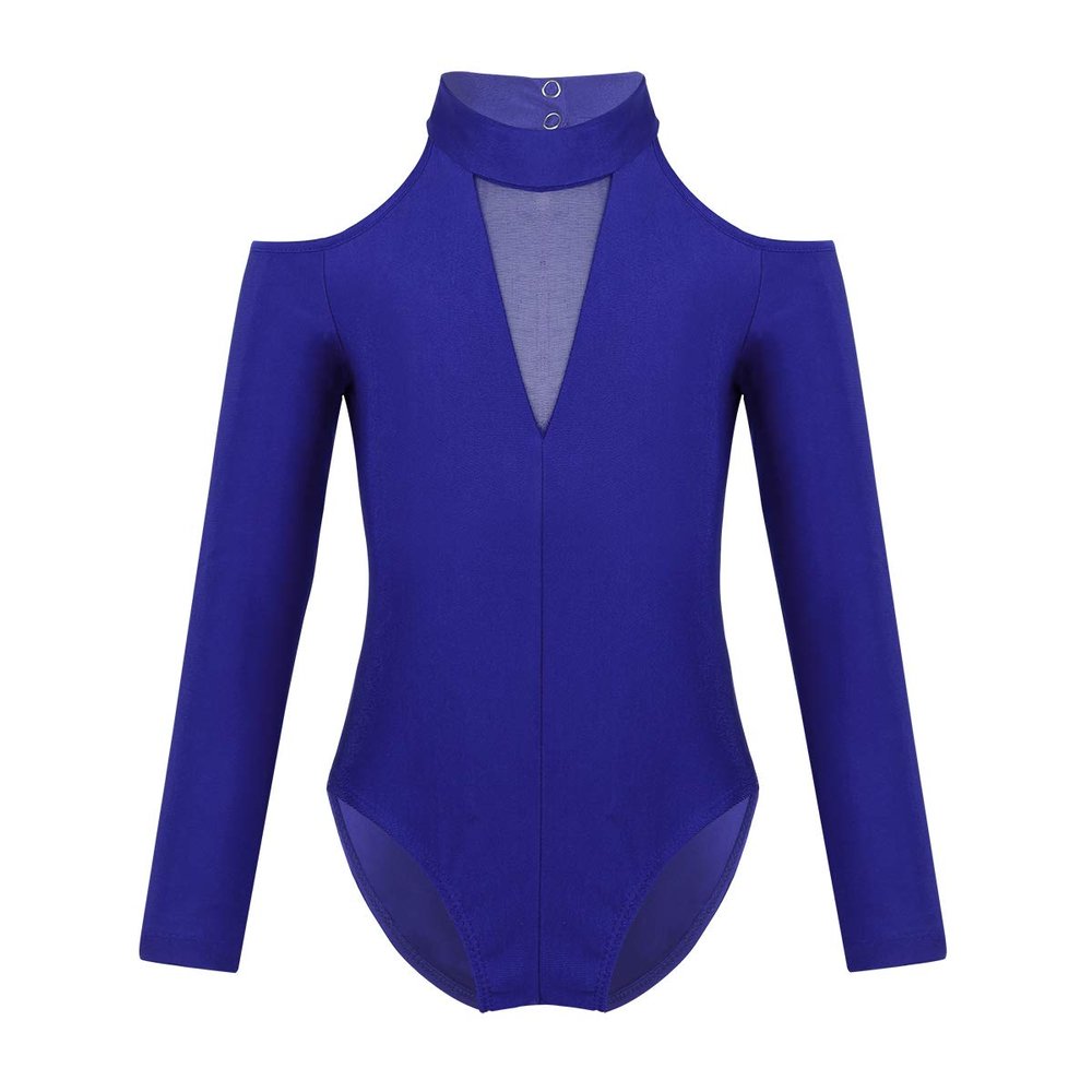 Agoky Kids Girls Off-shoulder Long Sleeves Mock Neck Gymnastics Ballet Leotard Dancewear Blue 4-5