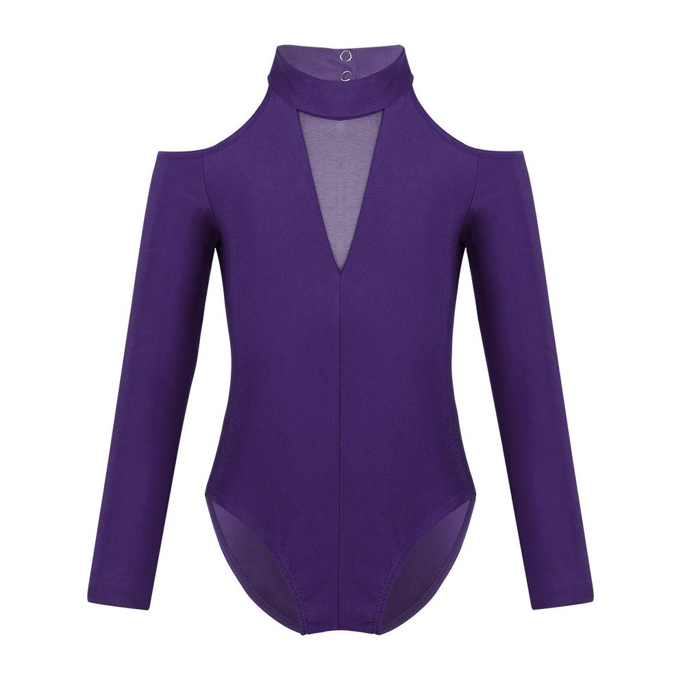 Agoky Kids Girls Off-shoulder Long Sleeves Mock Neck Gymnastics Ballet Leotard Dancewear Purple 5-6