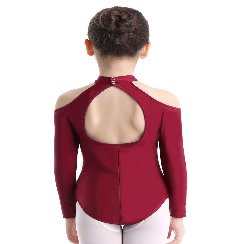 Agoky Kids Girls Off-shoulder Long Sleeves Mock Neck Gymnastics Ballet Leotard Dancewear Burgundy 5-6