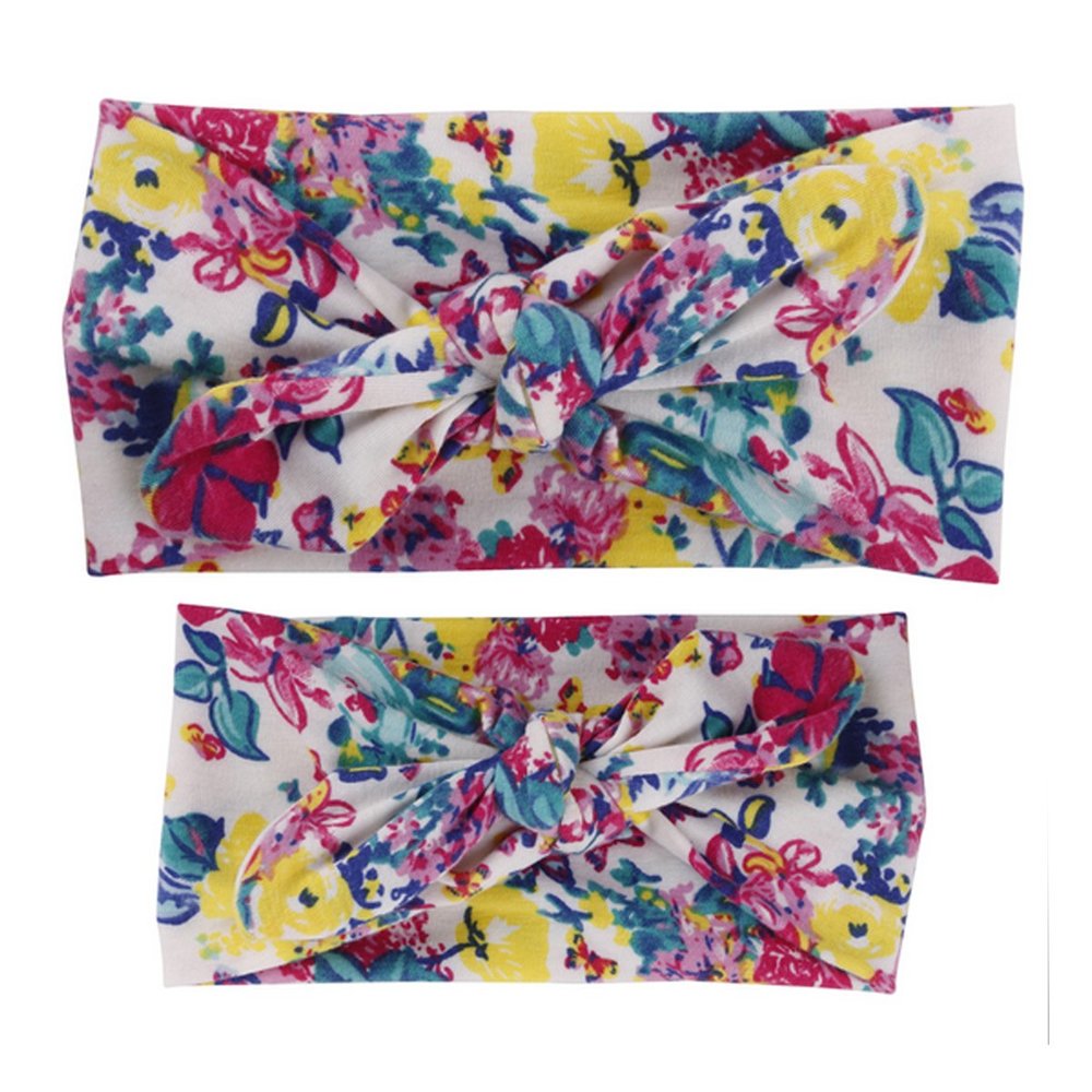 LABANCA 2 Pack Mom and Daughter Floral Print Elastic Cloth Hairbands Bandana Bow Head Band Wrap (Color 1)