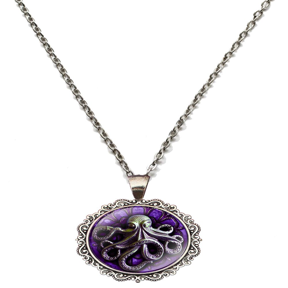 Victorian Vault Steampunk Octopus Krakken Art Gothic Pendant Necklace (Purple Green)