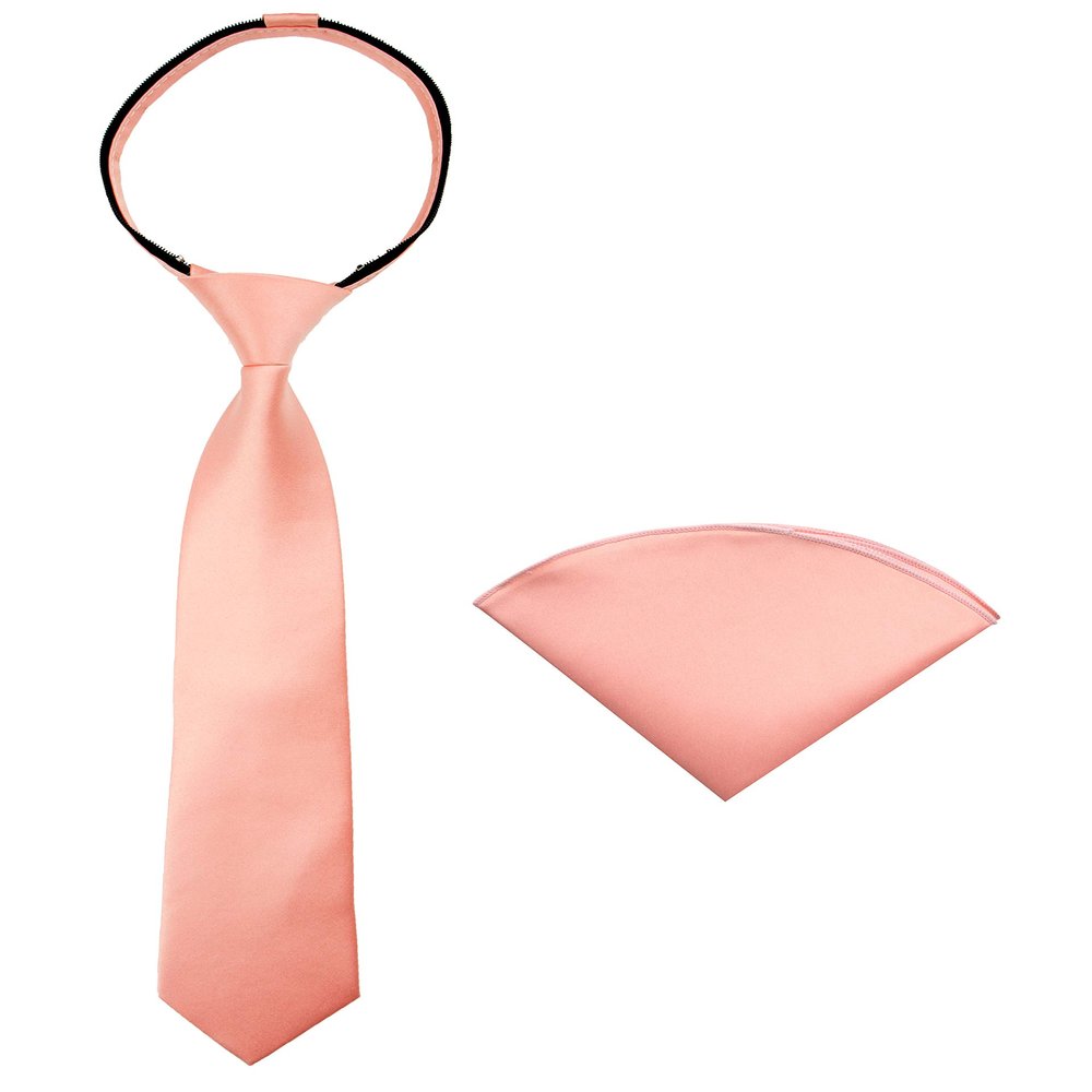 Spring Notion Boys' Satin Zipper Necktie and Handkerchief Set Small Peach