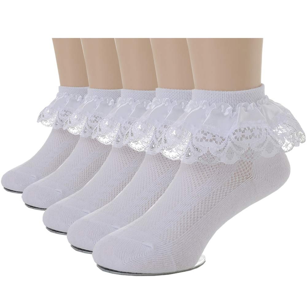 Xiyadun 5 Pairs Toddler Baby & Child Girls Ruffle Lace Ankle Cotton Dress Socks (L for 7-11 Years, Satin White)
