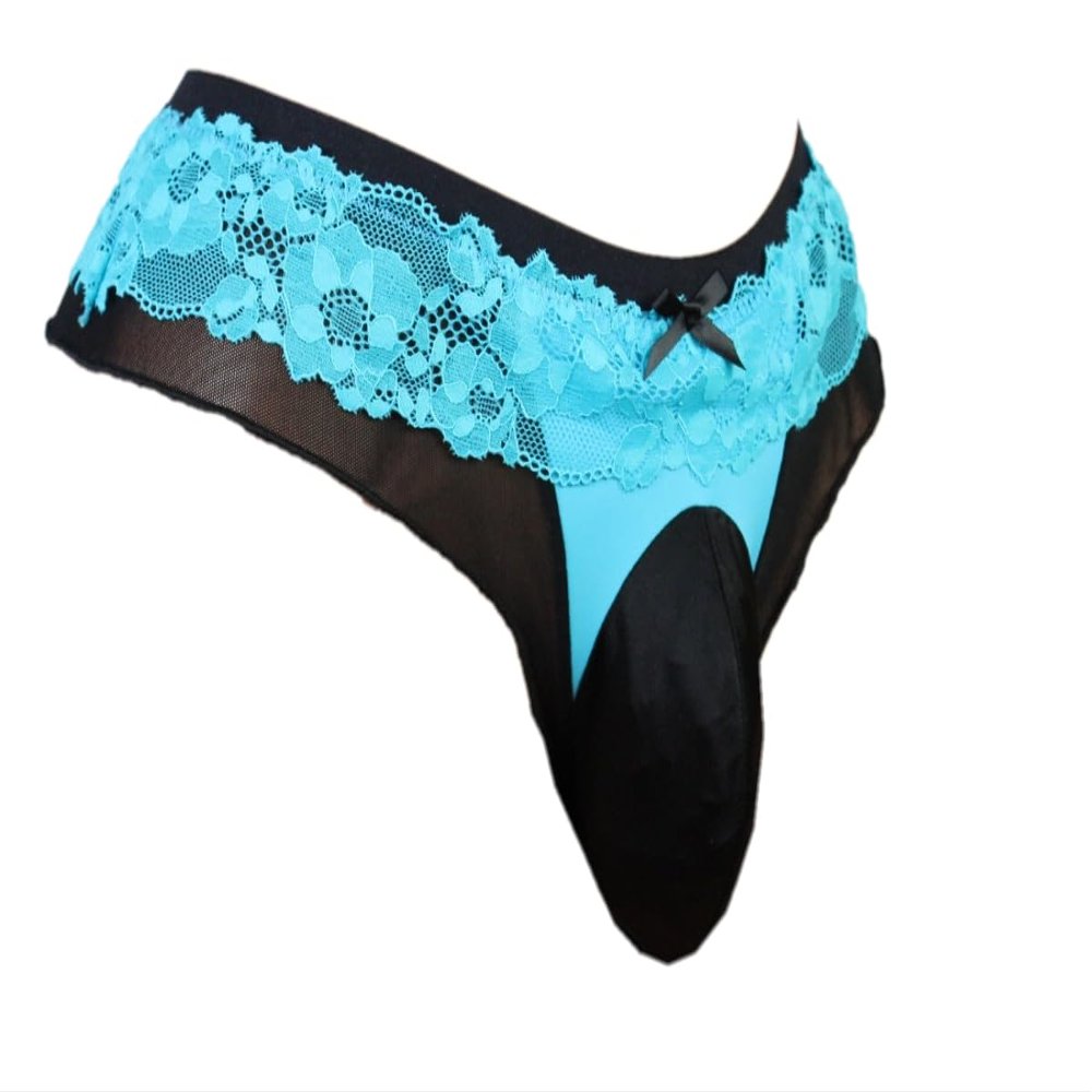 aishani Sissy Pouch Panties Men's Thong Lingerie Lace G-String Underwear For Daily Wear,Medium Blue/Black