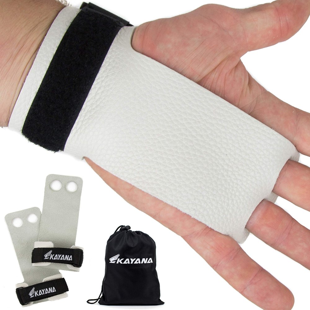 KAYANA 2 Hole Leather Gymnastics Hand Grips - Palm Protection and Wrist Support for Cross Training, Kettlebells, Pull ups, Weightlifting, Chin ups, Workout, & Exercise (White, Small)