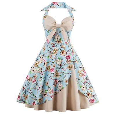 1950s Dresses for Women: Women Vintage Floral Print Halter Cocktail 1950s Retro Rockabilly Swing Dresses Audrey Hepburn 50's 60's Homecoming Party Gown Apricot XXXX-Large