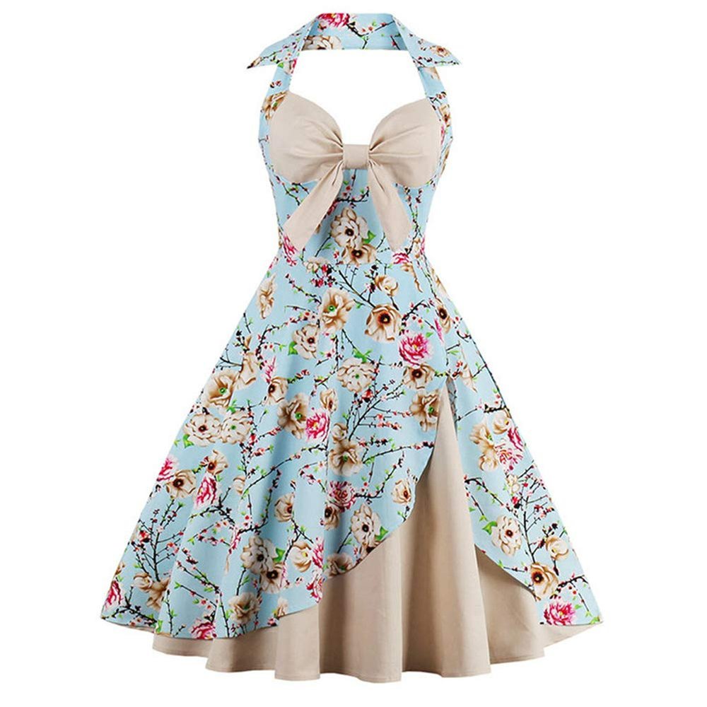 1950s Dresses for Women: Women Vintage Floral Print Halter Cocktail 1950s Retro Rockabilly Swing Dresses Audrey Hepburn 50's 60's Homecoming Party Gown Apricot XXXX-Large