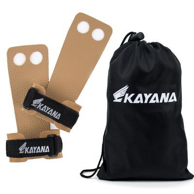 KAYANA 2 Hole Leather Gymnastics Hand Grips - Palm Protection and Wrist Support for Cross Training, Kettlebells, Pull ups, Weightlifting, Chin ups, Workout, & Exercise (Tan, X-Small)