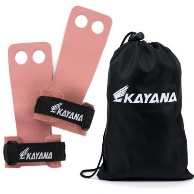 KAYANA 2 Hole Leather Gymnastics Hand Grips - Palm Protection and Wrist Support for Cross Training, Kettlebells, Pull ups, Weightlifting, Chin ups, Workout, & Exercise (Pink, Large)
