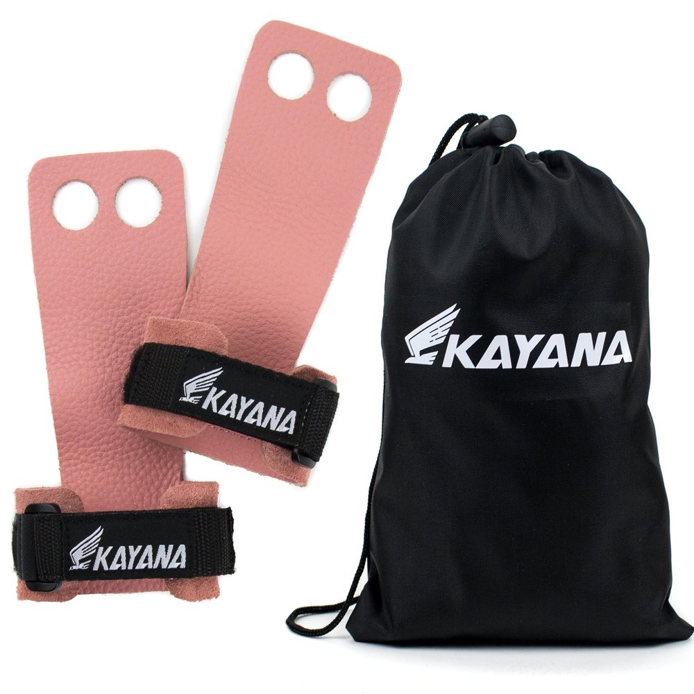 KAYANA 2 Hole Leather Gymnastics Hand Grips - Palm Protection and Wrist Support for Cross Training, Kettlebells, Pull ups, Weightlifting, Chin ups, Workout, & Exercise (Pink, Large)